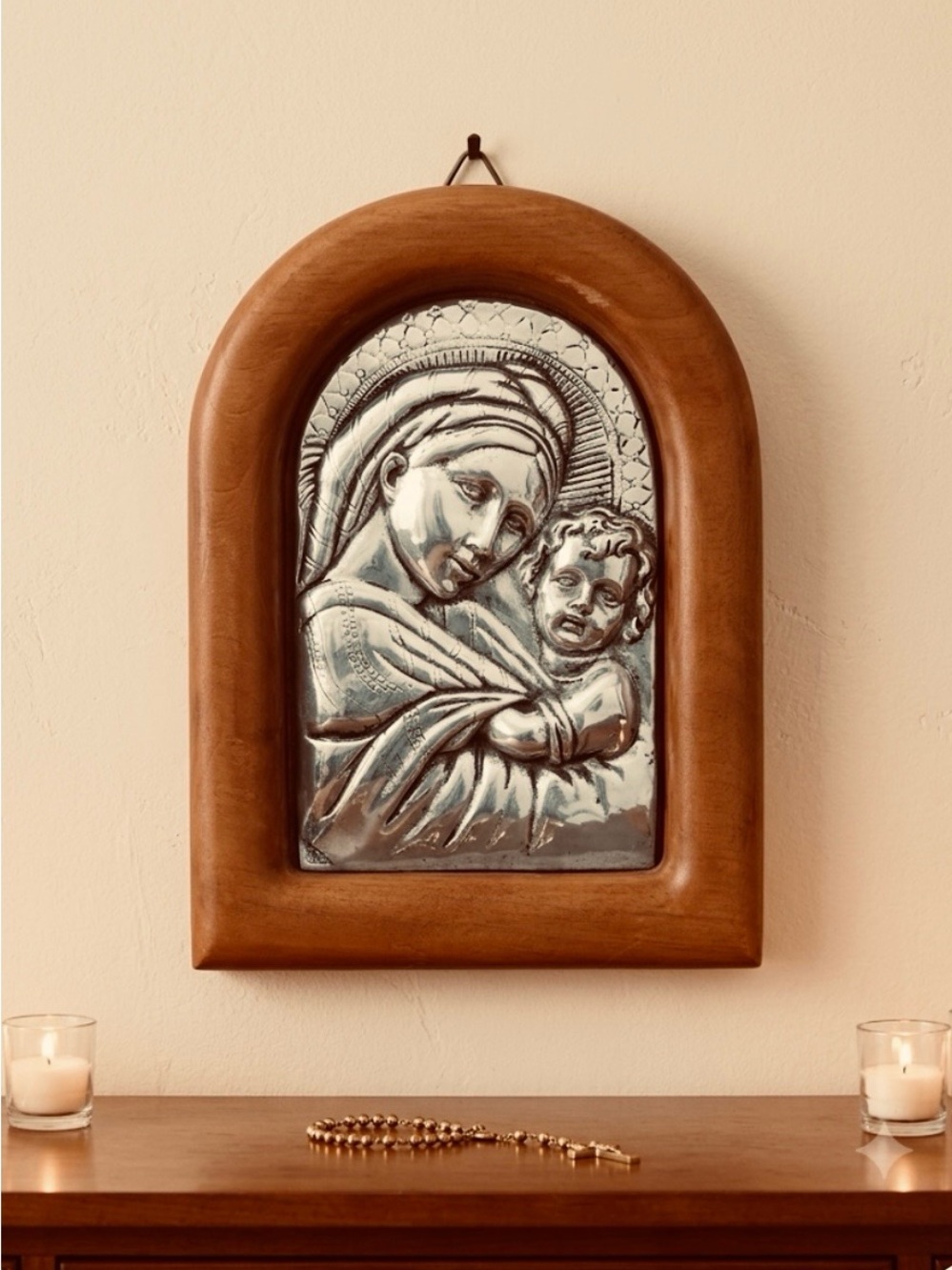 Madona-virgin Mary & baby Jesus-pewter plaque in solid wood frame